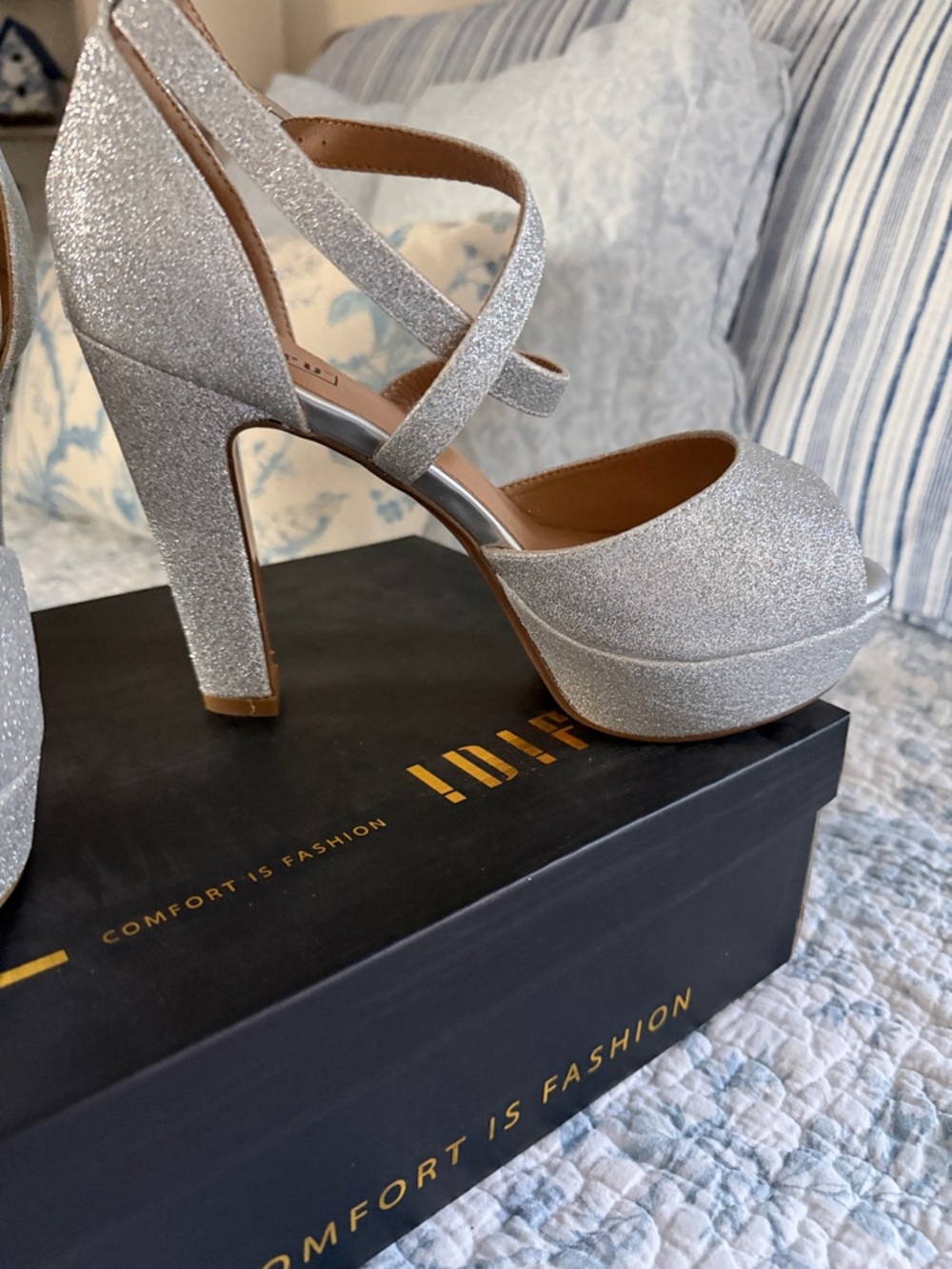 IDIFU Silver Glitter Platform Heels with Ankle Strap - Picture 3 of 8